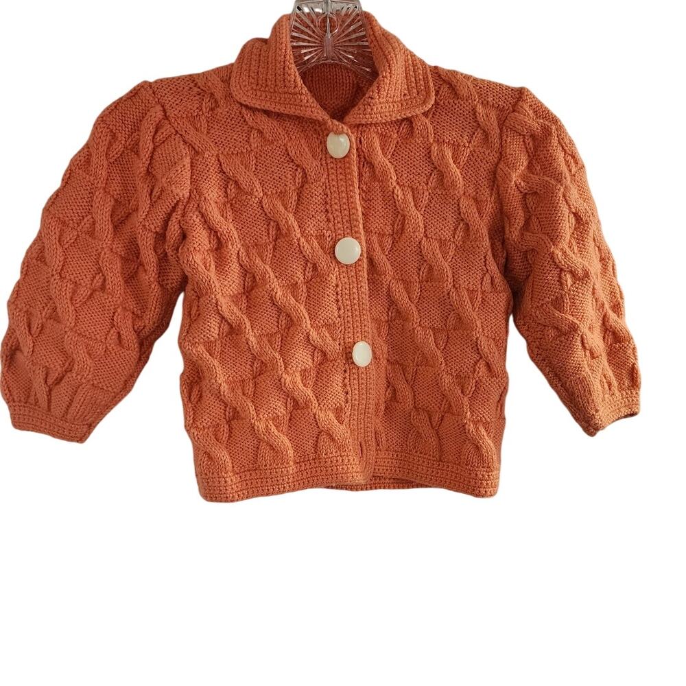 Orange Handmade Chunky Knit Youth Sweater Button Down Medium